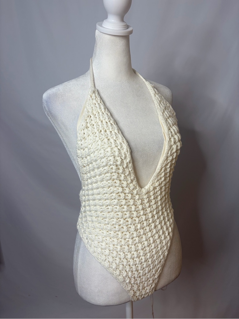 JLUXLABEL Cream Crochet Halter One-Piece Swimsuit